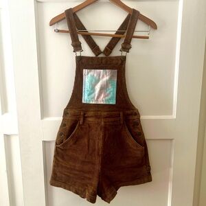 Corduroy overall shorts, altered with hand dyed front pocket